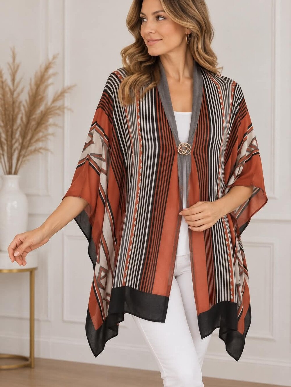 Chic Women's Striped Wrap - Orange and Black